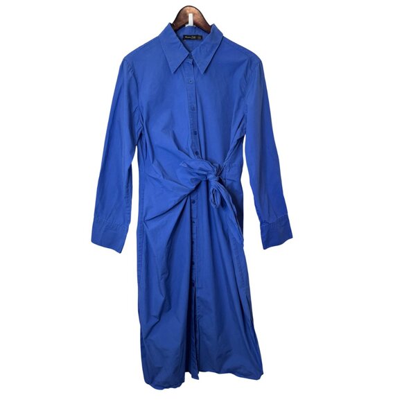 Massimo Dutti blue long Poplin side knot long sleeve shirt dress size L - Picture 3 of 9